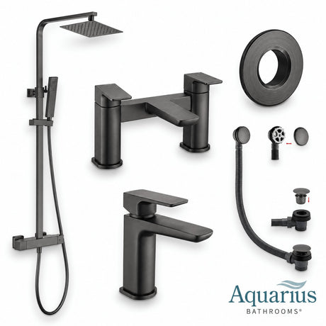 Aquarius Bathrooms Exposed Shower Set Gunmetal Grey Aquarius Hydro Complete Shower Brassware Pack with Basin Mixer, Bath Mixer & Round Exposed Shower
