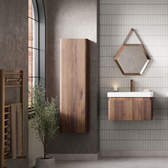 Aquarius Bathrooms Storage Unit Textured Walnut Aquarius Corinthe 350mm Fluted Wall Mounted Tall Storage Unit