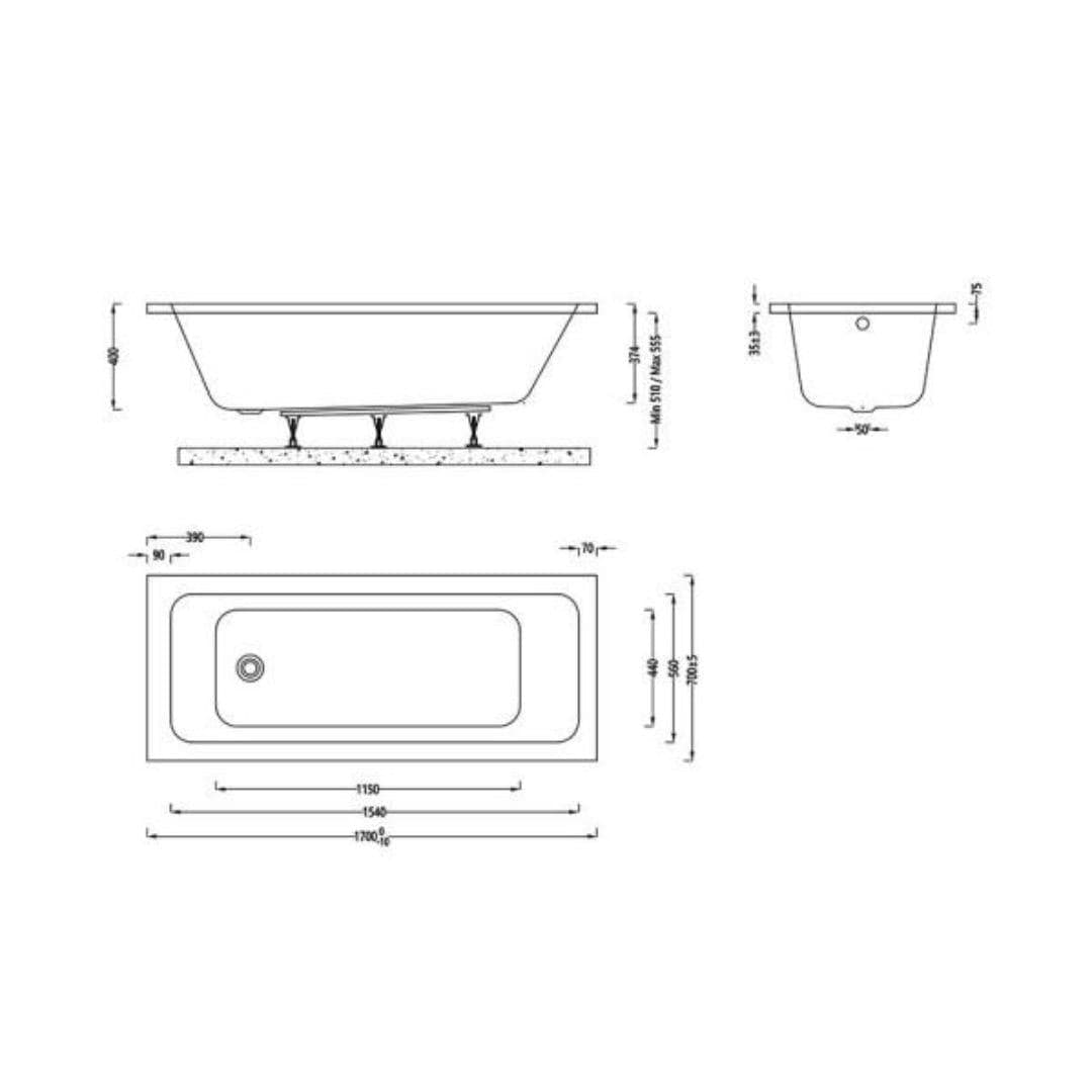 Aquarius Bathrooms Single Ended Bath 1700 x 750mm Aquarius Aaron Single Ended Standard Bath