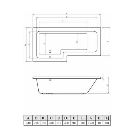 Aquarius Bathrooms Shower Bath Aquarius Splash 1700mm x 700mm L-Shape Shower Bath, Screen And Front Panel Set